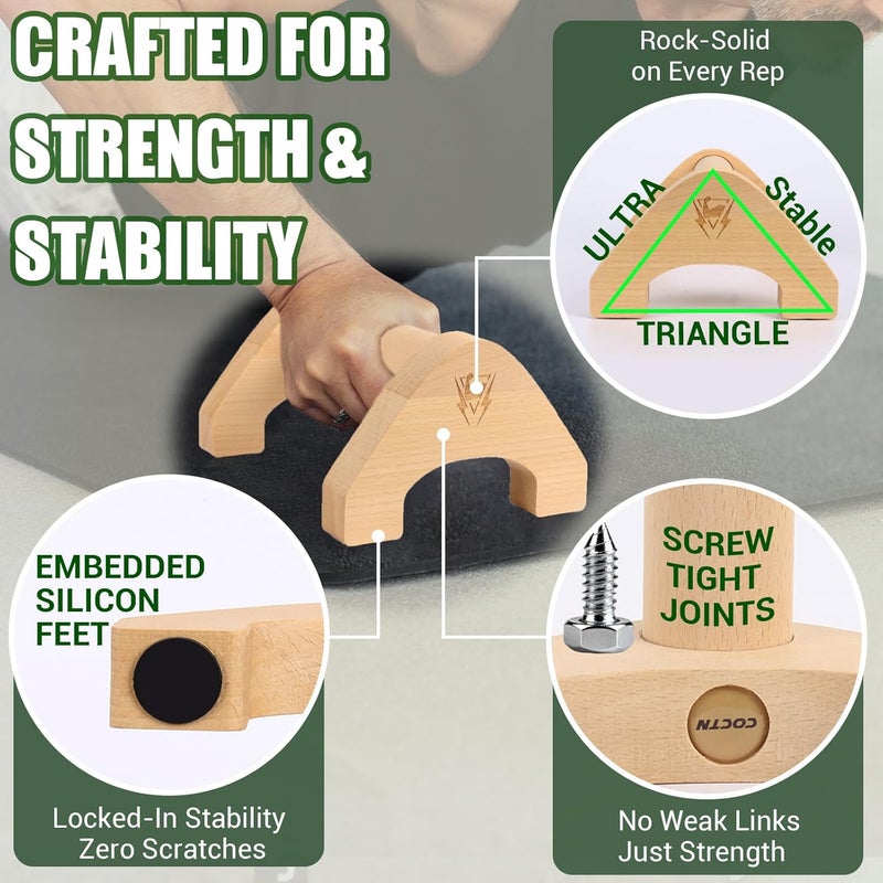 COCTN Wooden Push Up Bars, 2 PCS Solid Beech Wooden Parallettes with Embedded Non-slip Feet & Training Poster for Floor, Push Up Stands for Men Strength Training, Planks, Calisthenics & Home Gym Workout - Image 2